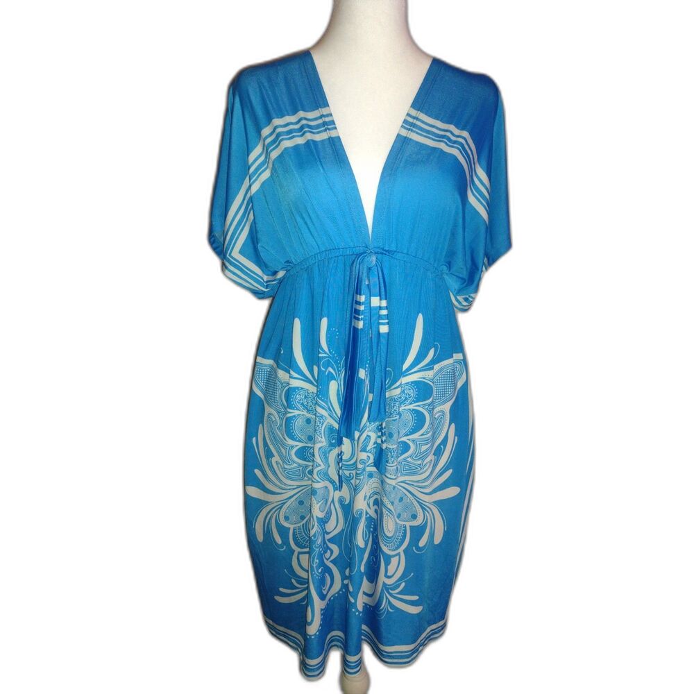 Blue Tropical Print Mini Beach Dress, V-Neck Resort Cruise Pool - Sz Small